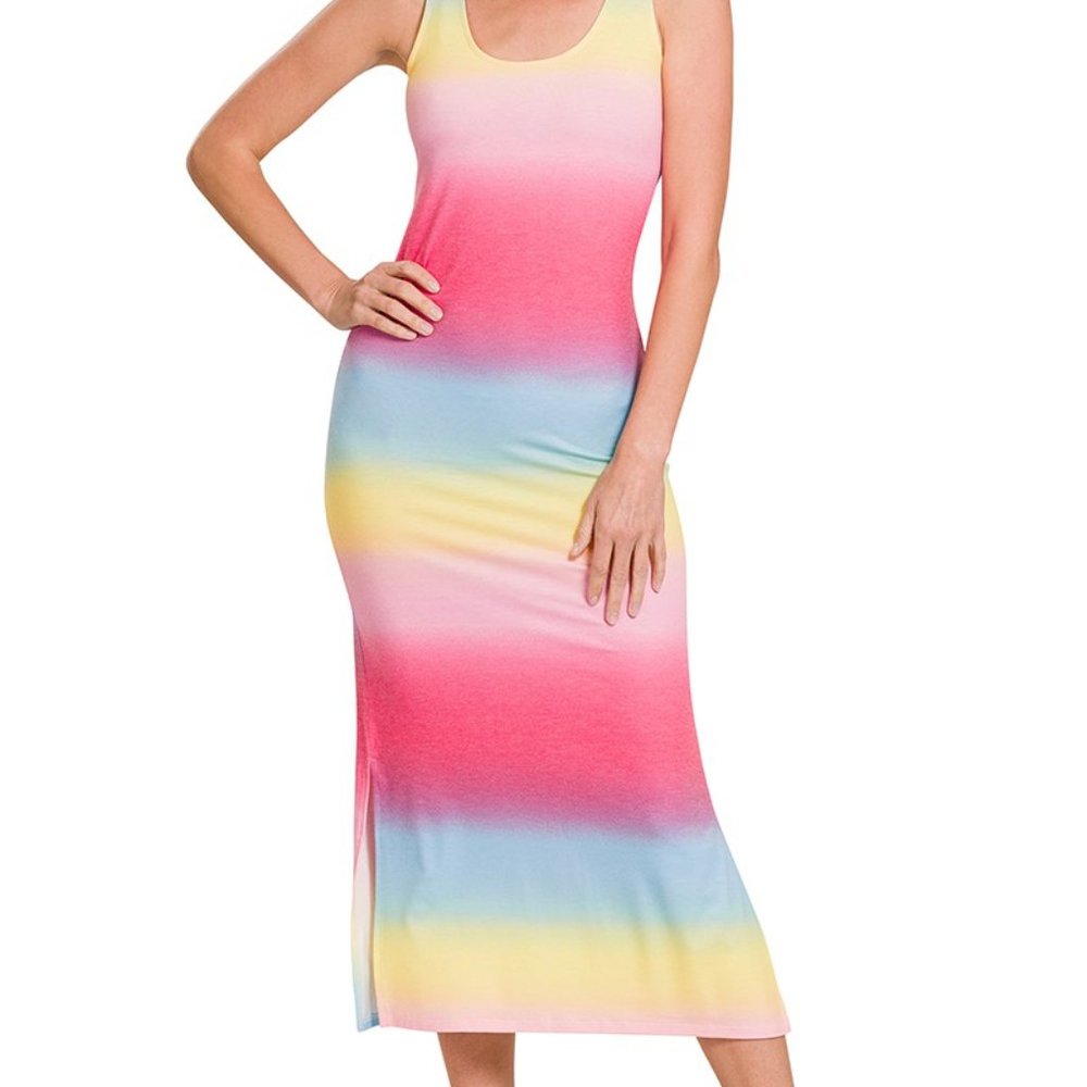 ZENANA Ombre' Pink Carribean Print Scoop Neck Tank Sleeve Split Small Midi Dress